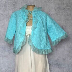CHIC LINGERIE CO INC Vintage 1960s Quilted Bed Jacket – Blue with Chiffon Ruffle
